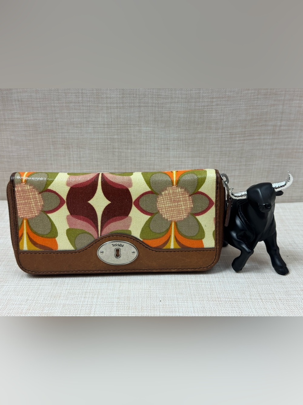 Fossil Multicolor Floral Canvas Wallet with Brown Leather Trim
